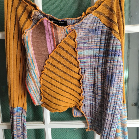 Urban Outfitters Patchwork Ribbed Knit Crop Top Long Flare Sleeve Multicolor S - Picture 3 of 6